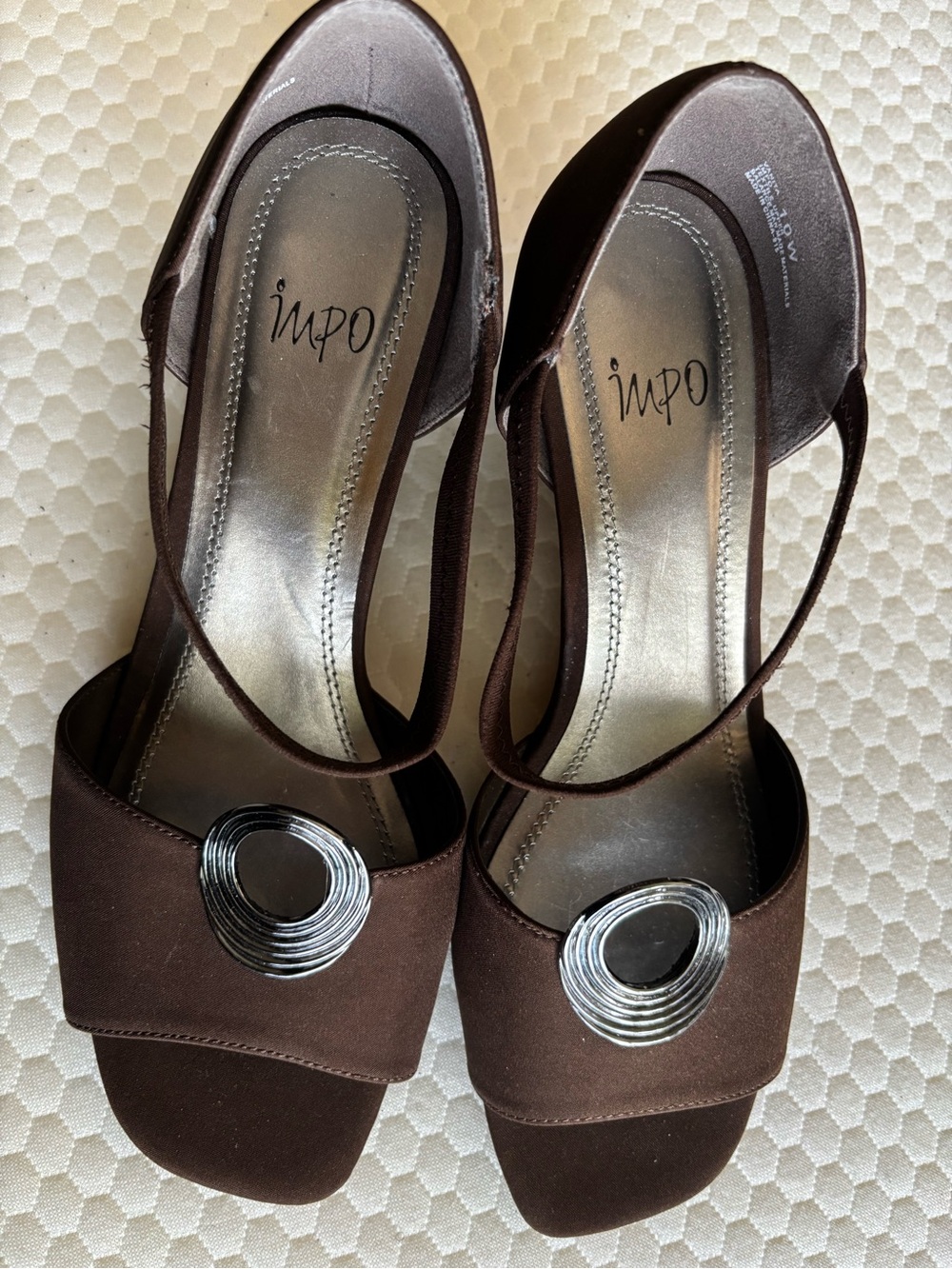 IMPO Brown Slingback Heels with Silver Circular Accent - Size 10W